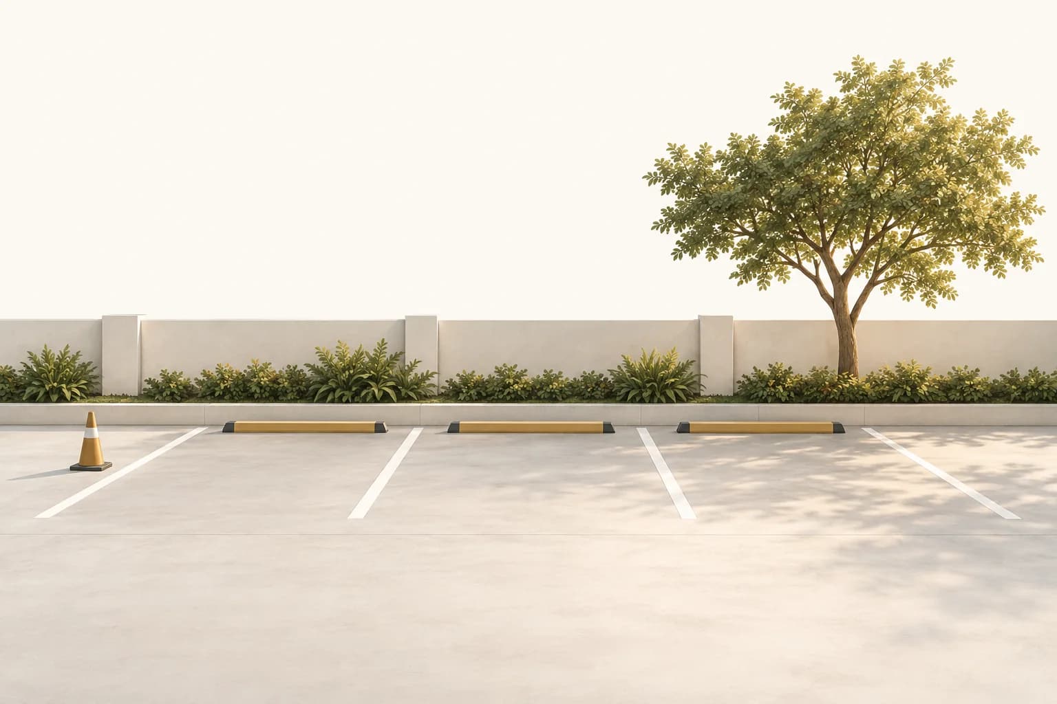 Empty parking bays with a traffic cone
