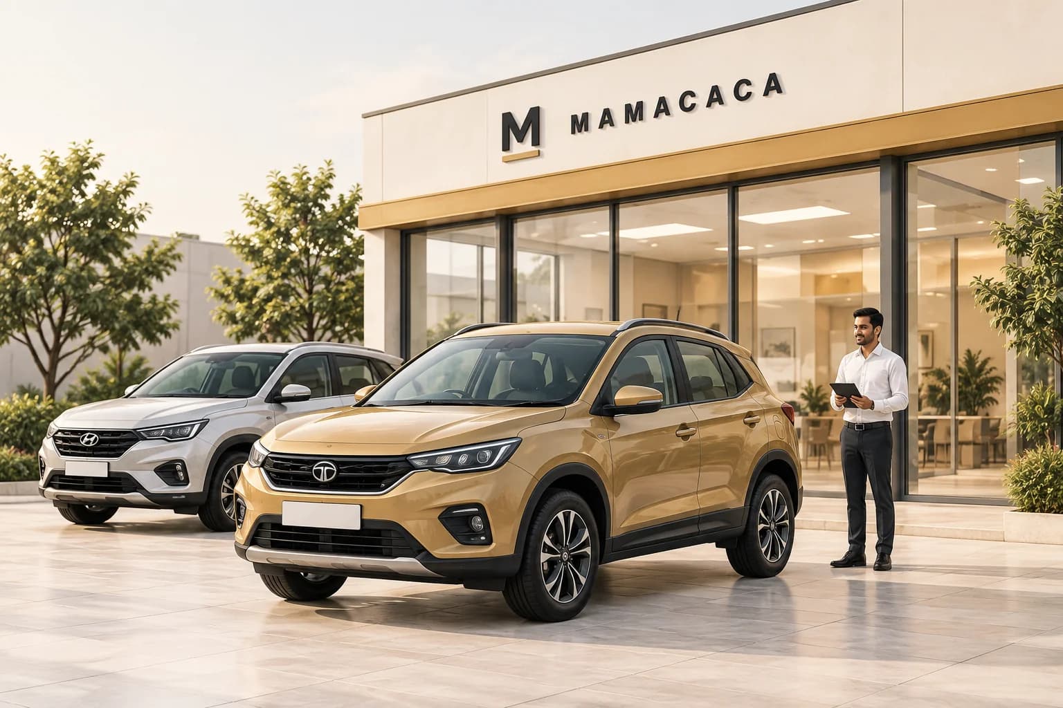 Showroom with gold and silver cars and a member of staff