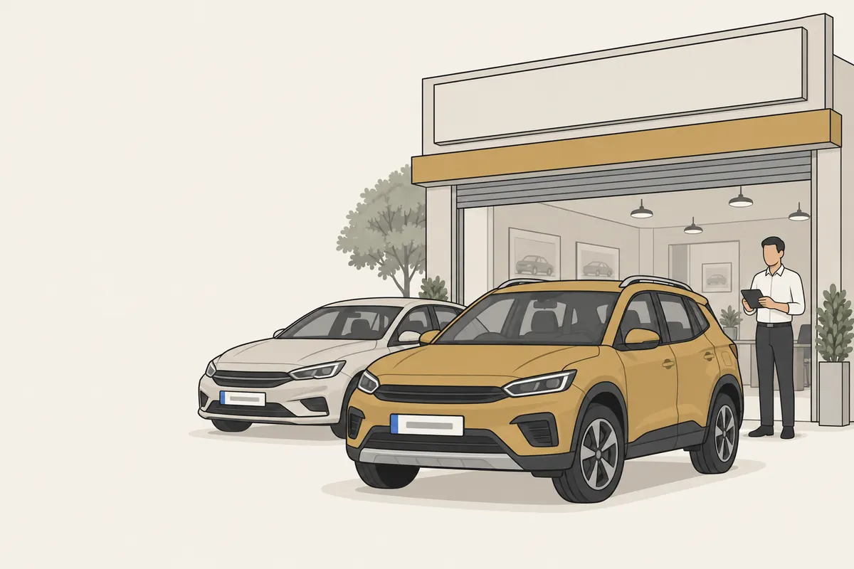 Small used-car showroom with two cars out front